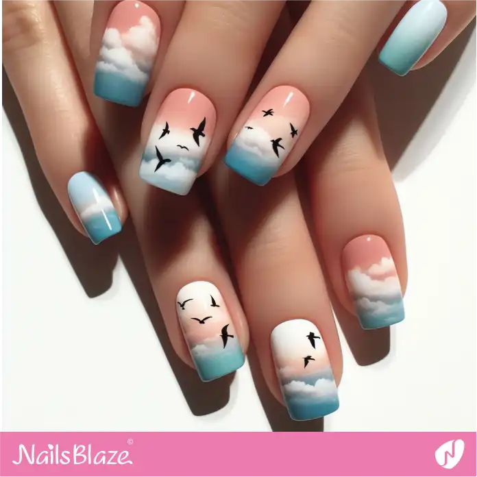 Watercolor Sky and Birds Nail Design | Paint Nail Art - NB2221